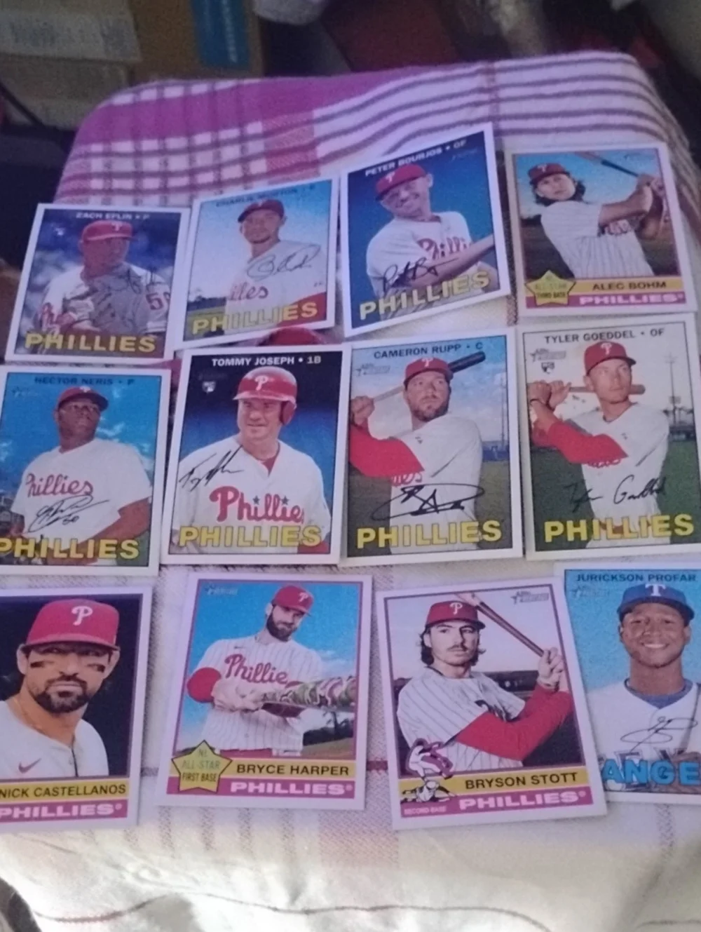 Autographed(7)Phillies Baseball Trading Card Lot - Pink and Blue Vintage Style